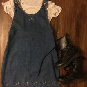 Vintage overall denim Jean dress floral embroider